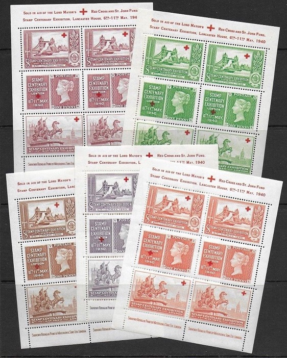 A set of 5 souvenir sheets produced by Waterlow & Sons Ltd. for the originally planned Centenary exhibition, overprinted to raise funds for the Lord Mayor's Red Cross & St. John Fund.