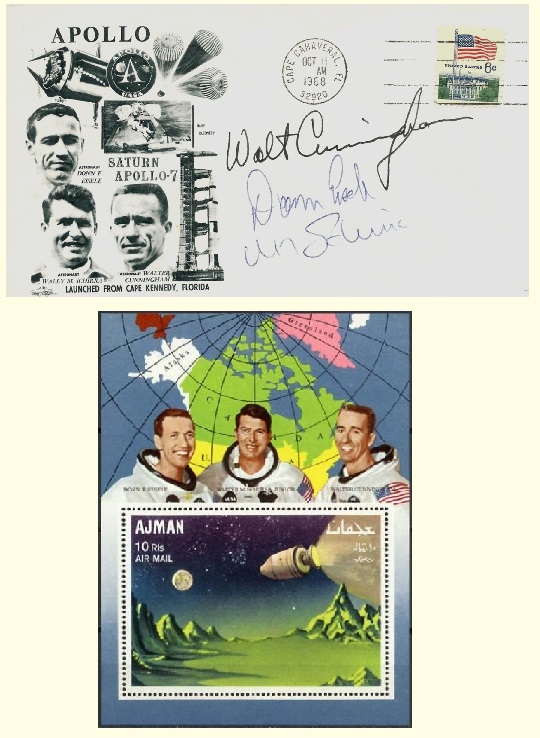 Apollo 7 souvenir cover signed by the astronauts and a miniature sheet from Ajman.