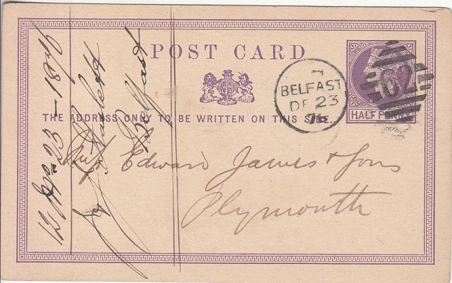 A postal stationery card with the Belfast 62 cancellation.
