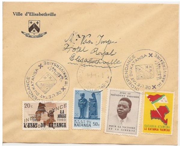Cover with strikes of the Katanga Independence First Anniversary commemorative hand stamp.
