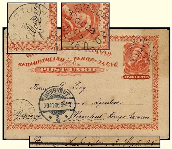 Two Cents Newfoundland postcard addressed to Germany, with a Labrador TPO postmark, 28 October 1905.