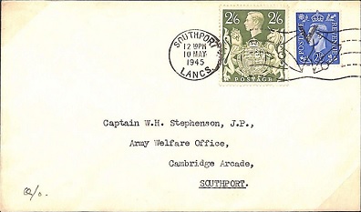 An envelope posted on the first official day of use of the VE day bells slogan postmark.