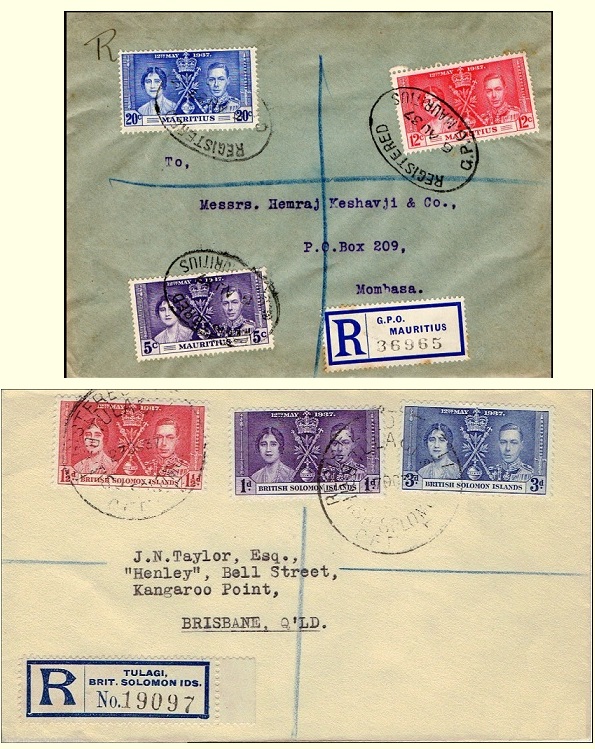 1937 Coronation covers including purple stamps.