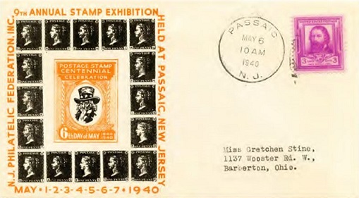 A souvenir cover from the New Jersey Philatelic Federation Inc.'s 9th Annual Stamp Exhibition held at Passaic, New Jersey from 1 to 7 May 1940.