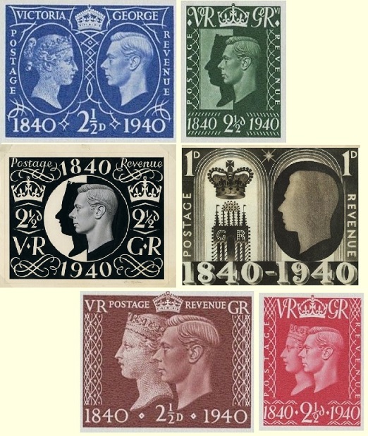 Some of the designs submitted for Great Britain's 1940 Stamp Centenary issue.
