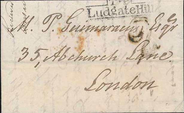 Letter received at the Ludgate Hill Twopenny post receiving office in 1829.