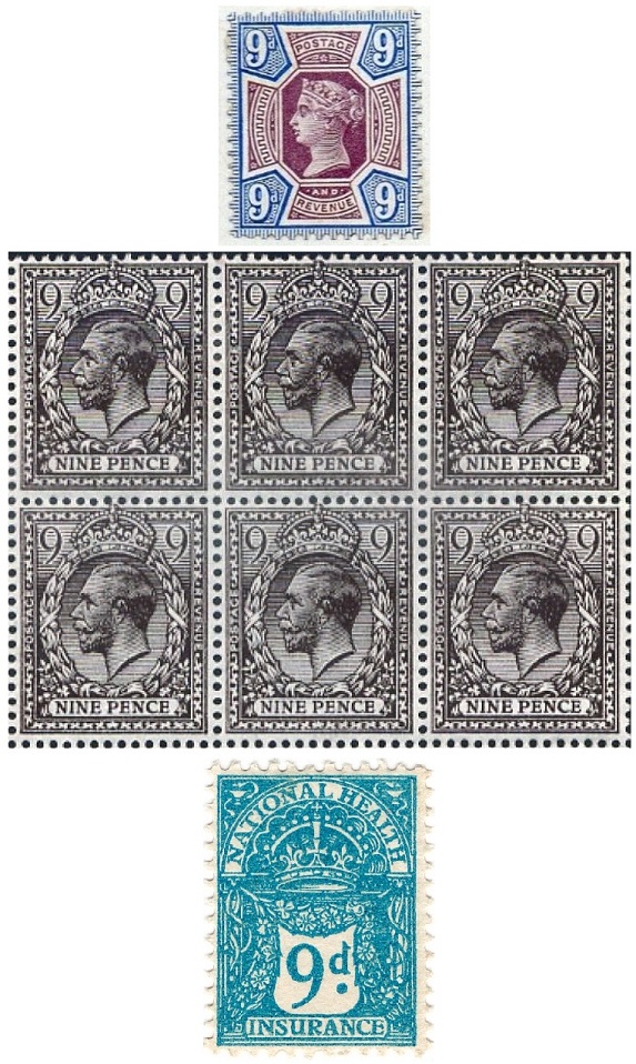 9d Queen Victoria Jubilee (1887) stamp, King George V 9d agate stamps, and a 9d National Health Insurance stamp (1920).