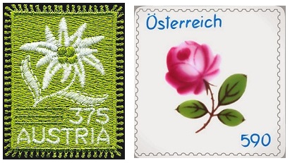 Austrian embroidered cloth stamp showing an Edelweiss, issued in 2005, and an Augarten Porcelain stamp issued on 20th March 2014 decorated with the 'Viennese Rose', an icon for the Vienna Porcelain Manufactory since 1740.