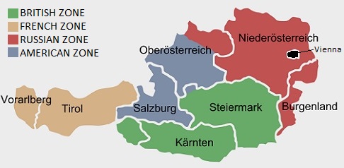 Map of the occupation zones in Austria 1945-1955.