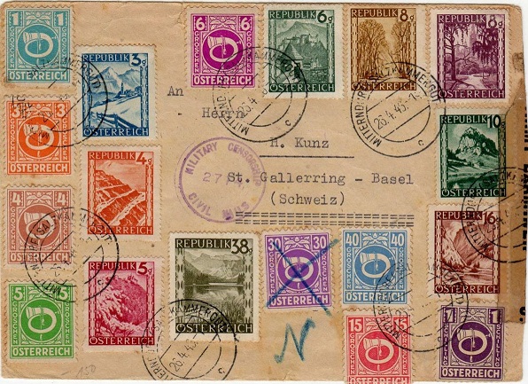 Censored item sent to Switzerland in 1946 with mixed franking of the A.M.G. stamps and the Austrian Republic stamps.