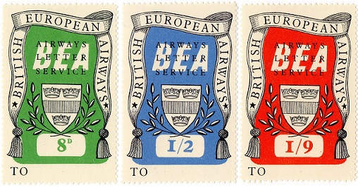 The 3 labels from the fourth issue of labels for the B.E.A. Airway Letter Service, 25 November 1953.