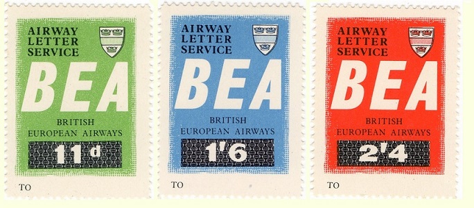The 3 labels from the seventh issue of labels for the B.E.A. Airway Letter Service, 1 July 1957, which had the same design as the sixth issue of 27 June 1956.