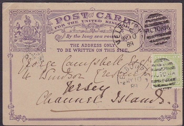 Victoria Post Card sent from Melbourne to Jersey in May 1889.
