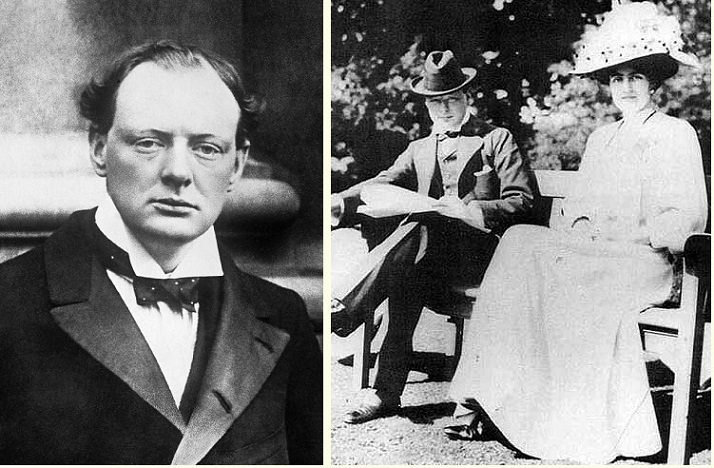Winston Churchill in 1904 and with Clementine Hozier in 1908.