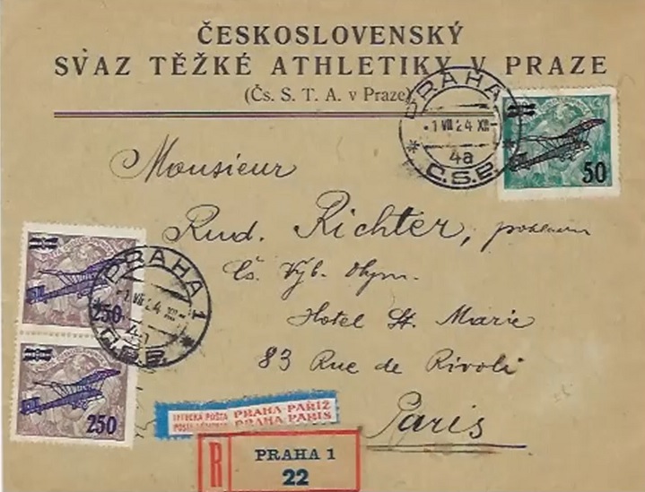 Letter sent by airmail from the Czechoslovak Union of Field Athletics in Prague to the Czechoslovak Olympic Committee in Paris on 1 July 1924.