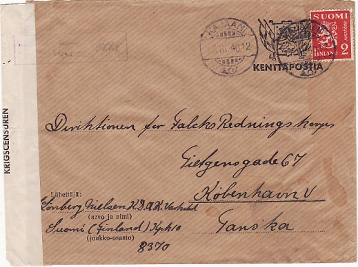 A printed military envelope with Sotasensuuri / Krigscensuren label tied by a violet boxed bilingual Examined by War Censorship handstamp.