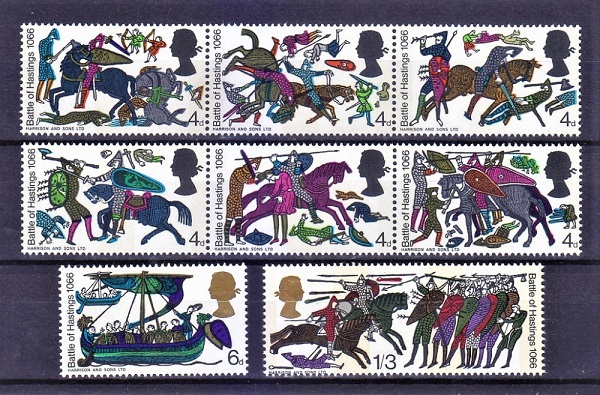 The Great Britain 1966 Battle of Hastings stamps, featuring Battle scenes on the Bayeaux Tapestry.
