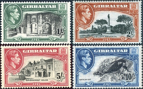 The 1/-, 2/-, 5/- and 10/- values from the Gibraltar definitive issue