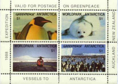 1988 $1 Greenpeace Worldpark Antarctica cinderella stamps.