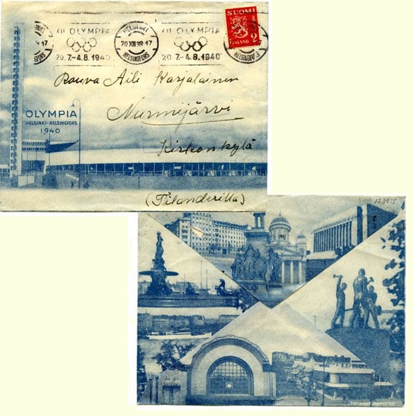 Envelope featuring Helsinki's Olympic Stadium.