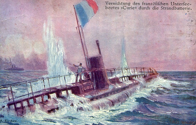 Postcard depicting the destruction of the French submarine Curie by the shore battery.