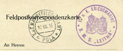 A piece from a Feldpostkorrespondenzkarte (addressed to Xaver Wutscher) showing a strike of the SMS Leitha mark.