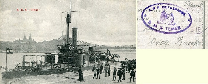Postcard of SMS Temes and a piece of postcard with the ship's cachet.