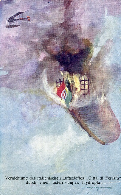 Postcard showing the destruction of the Italian nay airship Citta di Ferrara on 8 June 1915 by the Austro-Hungarian seaplane L48 south west of Lussin.