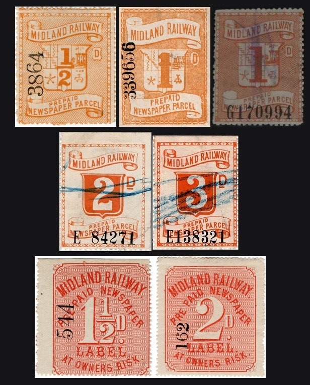 A selection of the Prepaid Newspaper Parcel Stamps from the Midland Railway.