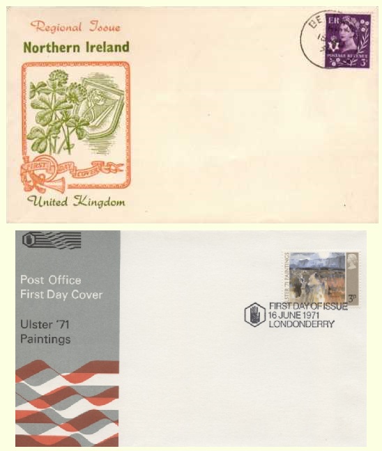 1958 Northern Ireland Regional 3d and 1971 3p Ulster Paintings stamps on covers.