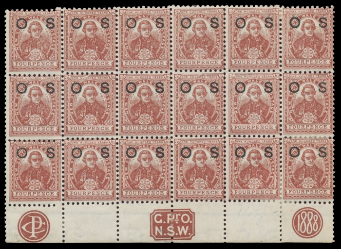 The 4d value of the New South Wales Centennial Issue, overprinted OS.