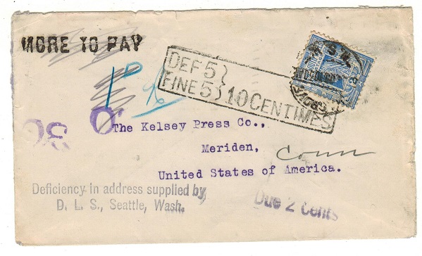 1909 New South Wales DEF 5/FINE 5/10 CENTIMES underpaid envelope to the USA.