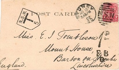 1902 New South Wales T 5 shield on an underpaid card to England.