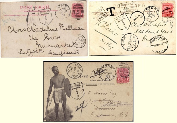 New South Wales mail with Postage Due markings, sent to England, Malta and British Columbia.