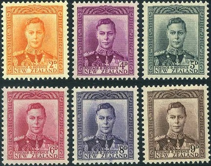 A selection of the low value New Zealand King George VI definitive stamps.