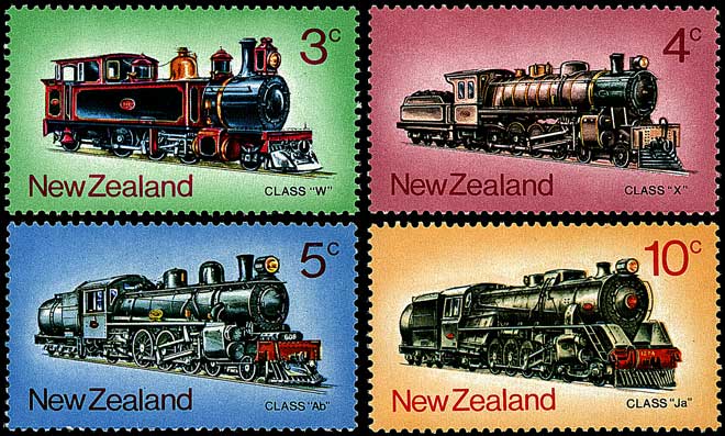Stamps showing steam locomotives.