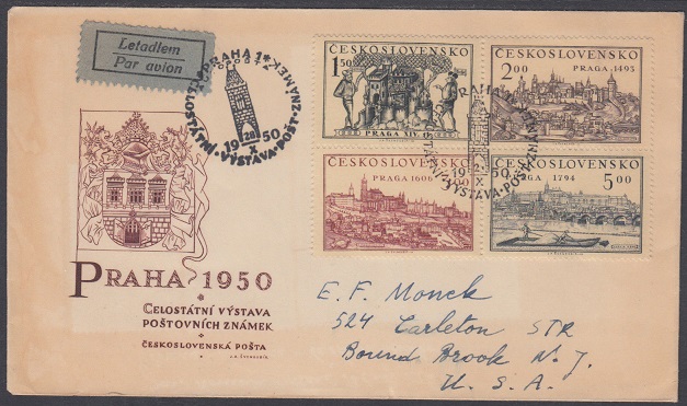Cover from PRAGA 1950 with the set of 4 stamps.