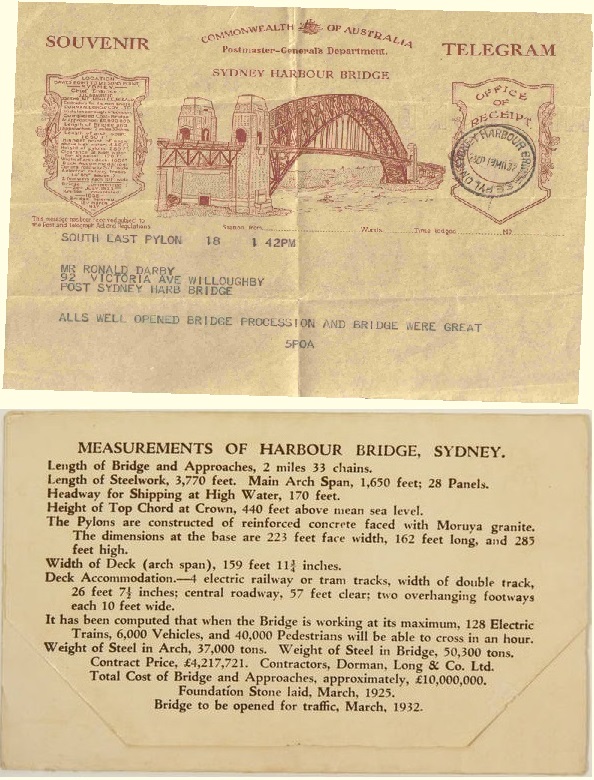 Souvenir Telegram marking the opening of the Sydney Harbour Bridge, and information on the back of the letterette.