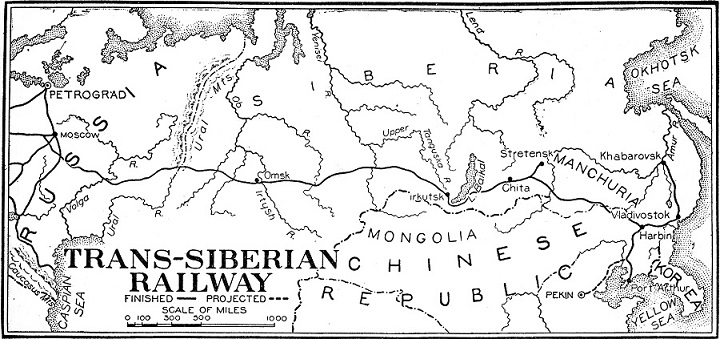 Map of the Trans-Siberian Railway, 1891 to 1918, from Ellsworth D. Foster ed., The American Educator Vol. 8 (Chicago, IL: Ralph Durham Company, 1921)