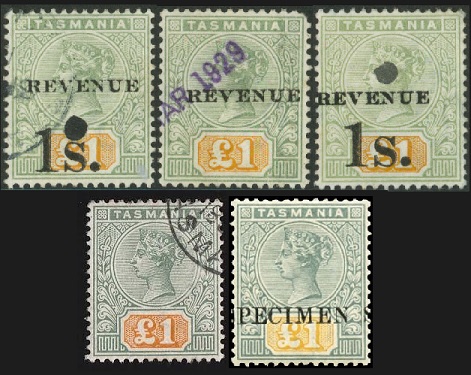 Tasmania £1 Tablet stamp in plain and overprinted forms.