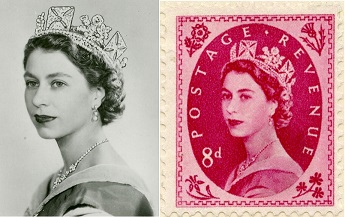 Photograph of the Queen by Dorothy Wilding taken in 1952 and a British 8d definitive stamp.