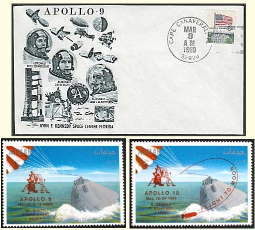 Apollo 9 souvenir cover, and overprinted Ajman stamps for Apollo 9 and Apollo 10.