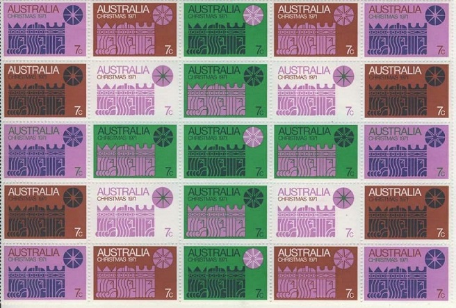 Half pane of 25 Australia 1971 Christmas stamps.