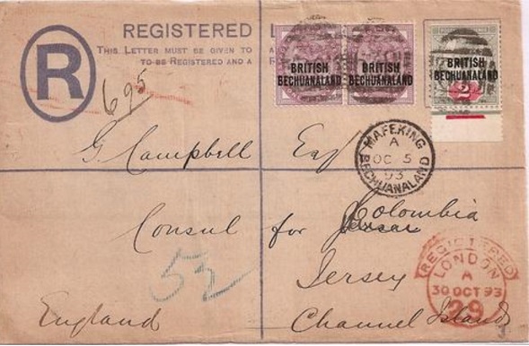 Registered envelope sent from British Bechuanaland to Jersey in October 1893.