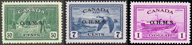 A selection of Canadian stamps overprinted O.H.M.S.