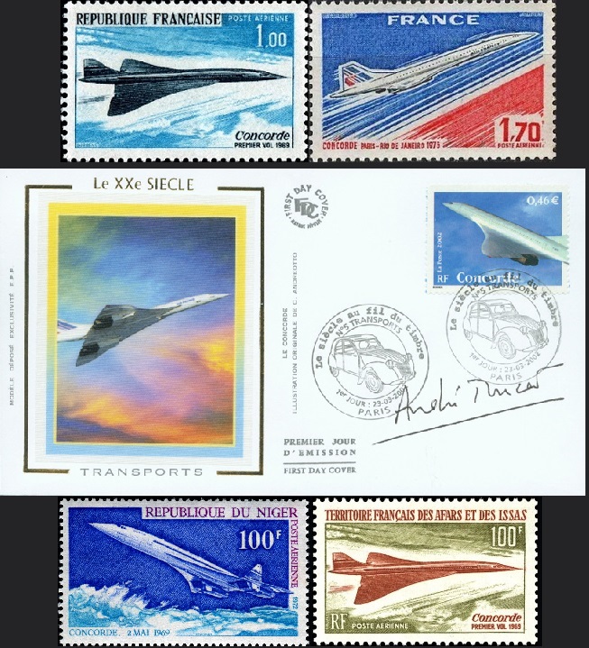 French Concorde stamps from 1969 and 1976, a 23rd March 2002 first day cover, signed by André Turcat and bearing a French 0.46 Euro Concorde stamp from the 'Transport in the 20th Century' set depicting F-BTSC, the aircraft that crashed in Paris, together with Concorde stamps from Niger and the French Territory of Afars and Issas (present-day Djibouti).