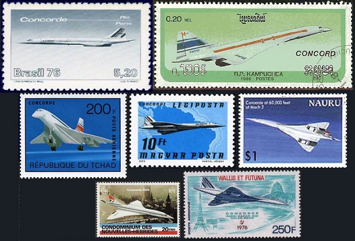 Stamps showing Concorde from Brazil, Kampuchea, the Republic of Chad, Hungary, Nauru, New Hebrides Condominium, and Wallis and Futuna.