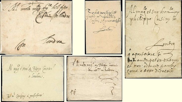 Items of mail from the correspondence to Philippo Corsini in London, dating from the 1570s and 1580s.