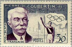 French stamp featuring Baron de Coubertin.