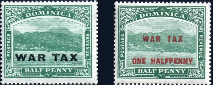 Dominica 'Roseau from the Sea' stamps, showing different styles of War Tax overprinting.